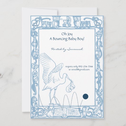 Baby Boy Blue Ooievaar & Uil Rand Douche Kaart (Achterkant)