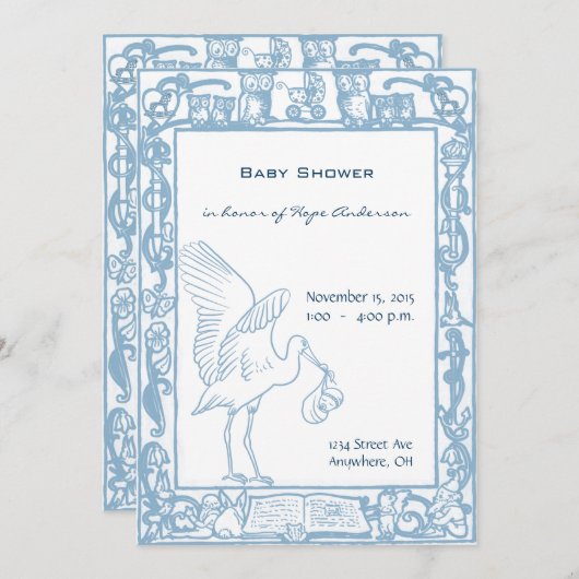 Baby Boy Blue Ooievaar & Uil Rand Douche Kaart (Voorkant / Achterkant)