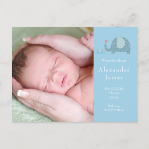Baby Boy Blue Polka Dot Elephants Foto Birth Aankondigingskaart