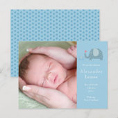 Baby Boy Blue Polka Dot Elephants Foto Birth Aankondigingskaart (Voorkant / Achterkant)