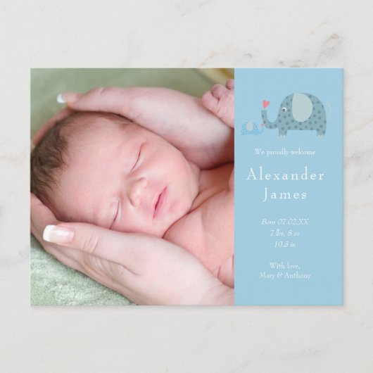 Baby Boy Blue Polka Dot Elephants Foto Birth Aankondigingskaart (Voorkant)