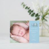 Baby Boy Blue Polka Dot Elephants Foto Birth Aankondigingskaart (Staand voorkant)