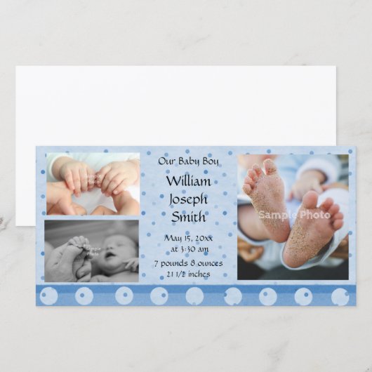 Baby Boy Blue Polka Dot Fotokaart Aankondiging (Voorkant / Achterkant)