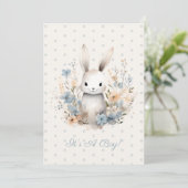 Baby Boy Blue Rabbit and Flowers Baby shower Kaart (Staand voorkant)