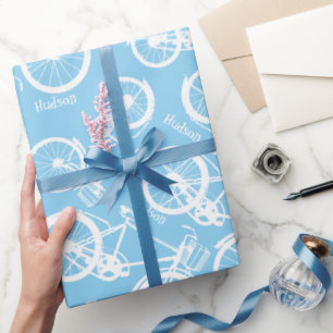Baby Boy Blue  Retro Bicycle Boy's naam op Cadeaupapier