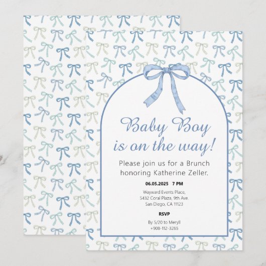 Baby Boy Blue Ribbon Bow Baby shower Uitnodiging (Voorkant / Achterkant)