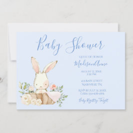 Baby Boy Blue Script Cute Bunny Baby Invitation Kaart