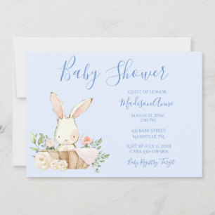 Baby Boy Blue Script Cute Bunny Baby Invitation Kaart