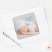 Baby Boy Blue Script Foto Birth Keepomwille Vierkante Sticker (Envelop)