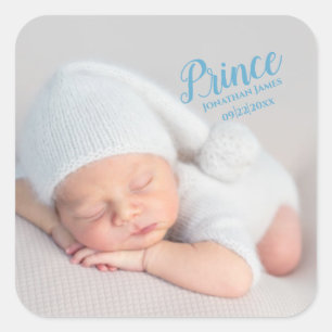 Baby Boy Blue Script Foto Birth Keepomwille Vierkante Sticker