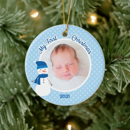 Baby Boy Blue Snowman eerste kerstfoto Keramisch Ornament (Boom)