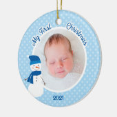 Baby Boy Blue Snowman eerste kerstfoto Keramisch Ornament (Links)