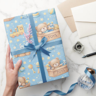 Baby Boy Blue Speelgoedkist Knuffelbeer Trein Cadeaupapier
