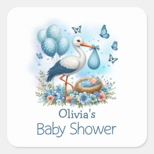 Baby Boy Blue Stork Baby Shower Vierkante Sticker (Voorkant)