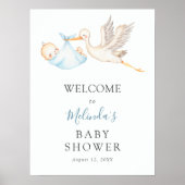 Baby Boy Blue Stork Baby shower Welkom Poster (Voorkant)