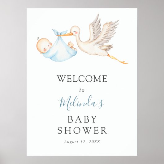 Baby Boy Blue Stork Baby shower Welkom Poster (Voorkant)