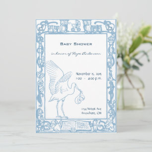 Baby Boy Blue Stork & Owl Border Shower Kaart