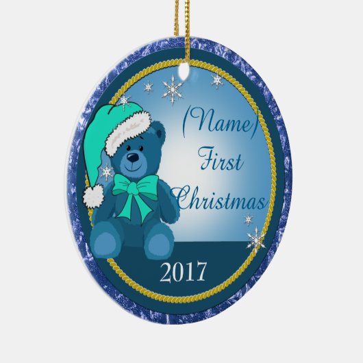 Baby Boy Blue Teddy Bear Persoonlijk Kerstmis Keramisch Ornament (Rechts)