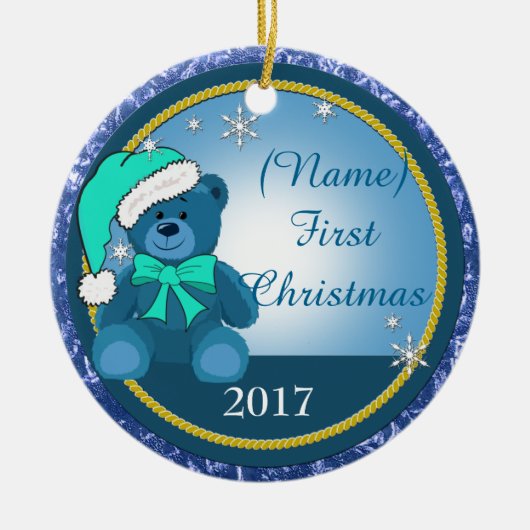 Baby Boy Blue Teddy Bear Persoonlijk Kerstmis Keramisch Ornament (Voorkant)