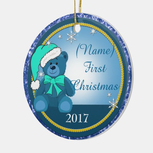 Baby Boy Blue Teddy Bear Persoonlijk Kerstmis Keramisch Ornament (Links)