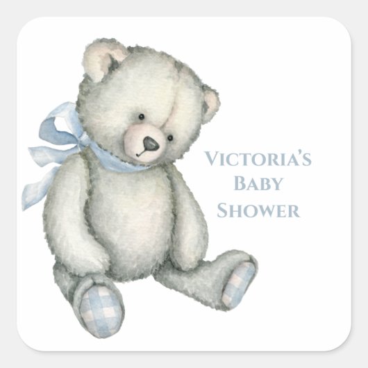 Baby Boy Blue Teddy Bear Waterverf Baby shower Vierkante Sticker (Voorkant)