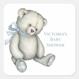 Baby Boy Blue Teddy Bear Waterverf Baby shower Vierkante Sticker