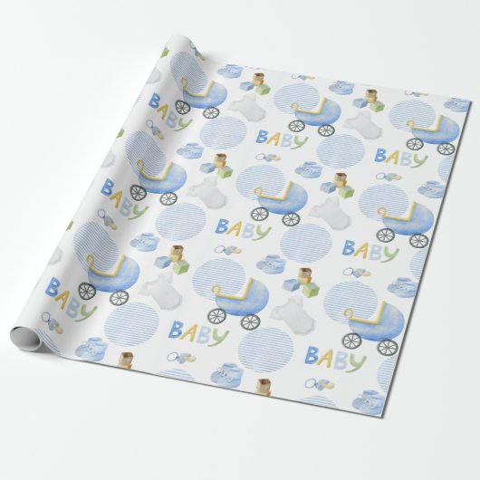 Baby Boy Blue Waterverf Baby shower Cadeaupapier (Uitgerold)