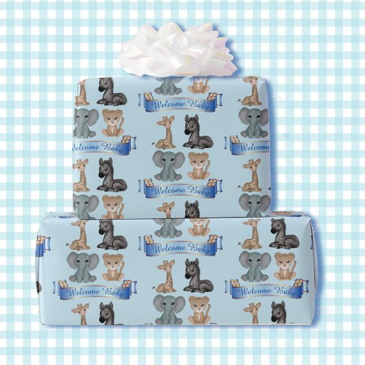 Baby Boy Blue Zoo Animals Naam toevoegen Giraffe Z Cadeaupapier