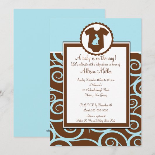 Baby Boy Bodysuit Swirl Boy Baby shower Invitation Kaart (Voorkant / Achterkant)