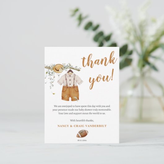 Baby Boy Boho Football Waterverf Baby shower Bedankkaart (Staand voorkant)