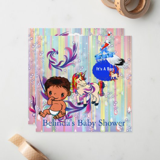 Baby Boy Bubbles & Unicorns Butterfly Invitation Notitiekaartje (Voorkant / Achterkant in situ)