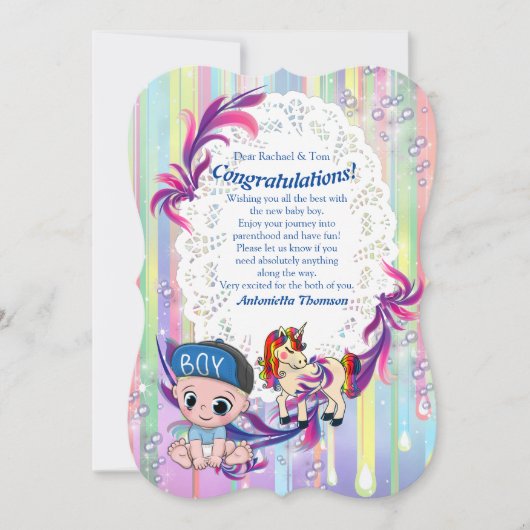 Baby Boy Bubbles & Unicorns Congrating card Kaart (Voorkant)