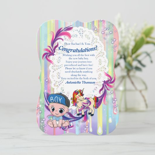 Baby Boy Bubbles & Unicorns Congrating card Kaart (Staand voorkant)
