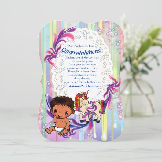 Baby Boy Bubbles & Unicorns Congrating card Kaart (Staand voorkant)