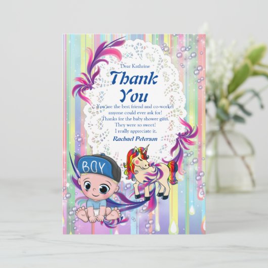Baby Boy Bubbles & Unicorns Dank je wel Bedankkaart (Staand voorkant)