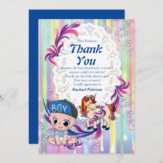 Baby Boy Bubbles & Unicorns Dank je wel Bedankkaart (Voorkant / Achterkant)