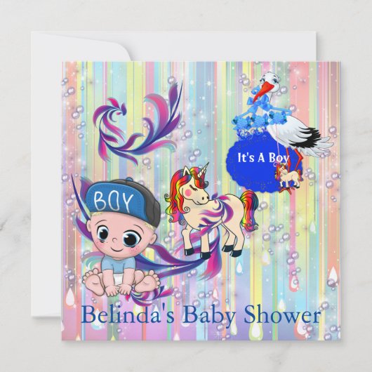 Baby Boy Bubbles & Unicorns Vlinder Uitnodiging (Voorkant)