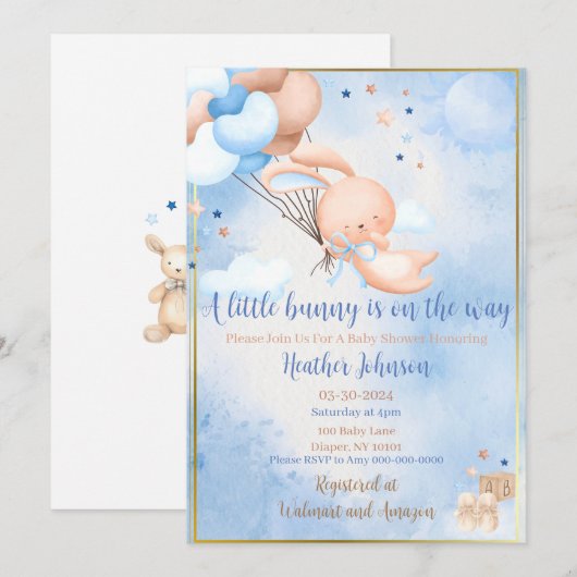 Baby Boy Bunny Baby shower Kaart (Voorkant / Achterkant)