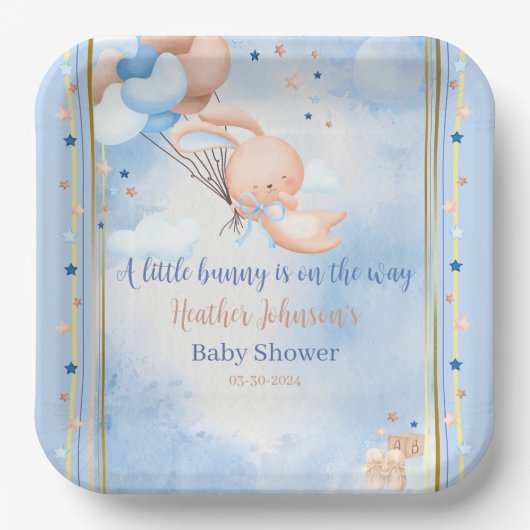 Baby Boy Bunny Baby shower Papieren Bordje (Voorkant)