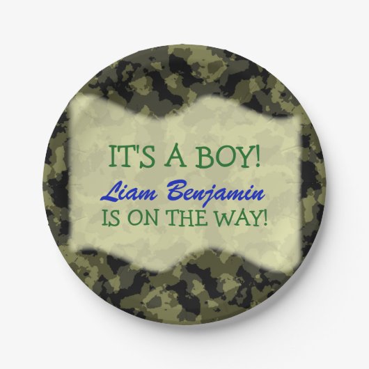 Baby Boy - Camo Thmed Baby shower Papieren Bordje (Voorkant)