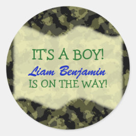 Baby Boy - Camo Thmed Baby shower Ronde Sticker