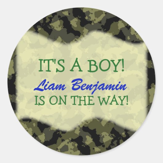 Baby Boy - Camo Thmed Baby shower Ronde Sticker (Voorkant)