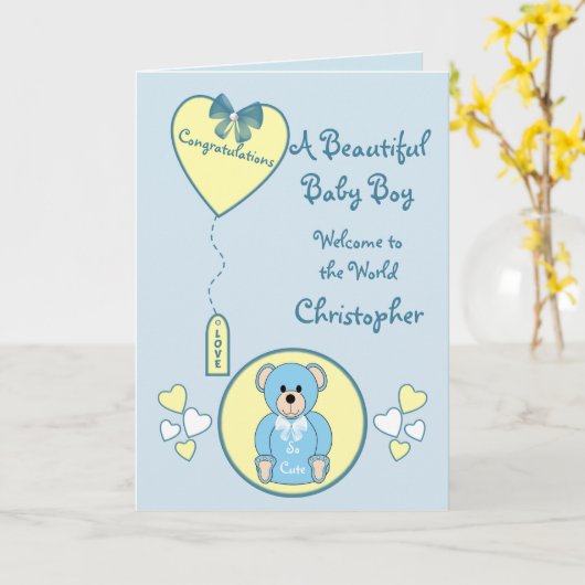 Baby Boy Card tedy beer blauw en geel Kaart (Gele Bloem)