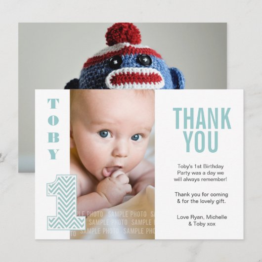 Baby Boy Chevron 1e Verjaardag Dank u Fotokaart Bedankkaart (Voorkant / Achterkant)