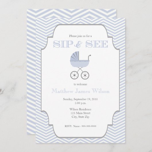 Baby Boy Chevron Sip en zie Uitnodiging (Voorkant / Achterkant)