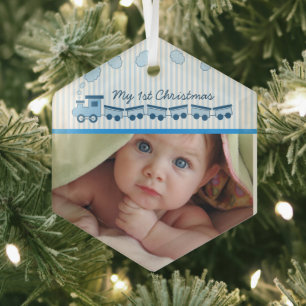 Baby Boy Choo Choo Trein Foto Geboorte Stat Aanden Glas Ornament