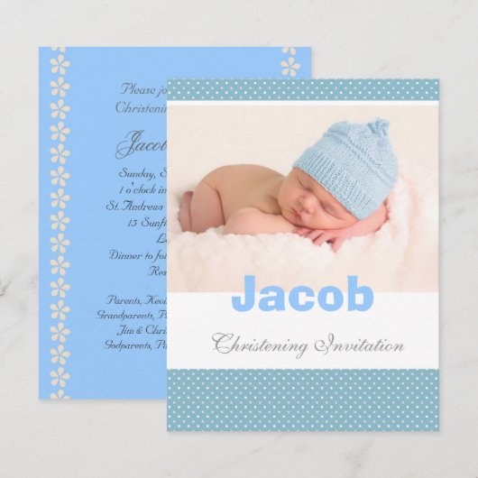 Baby boy christenen uitnodiging, blauw, witte polk kaart (Voorkant / Achterkant)