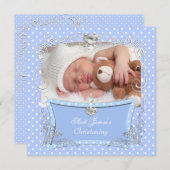 Baby Boy Christening Baptism Blue Polka Dot 2 Aankondiging (Voorkant / Achterkant)