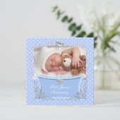 Baby Boy Christening Baptism Blue Polka Dot 2 Aankondiging (Staand voorkant)
