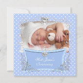 Baby Boy Christening Baptism Blue Polka Dot 2 Aankondiging (Voorkant)